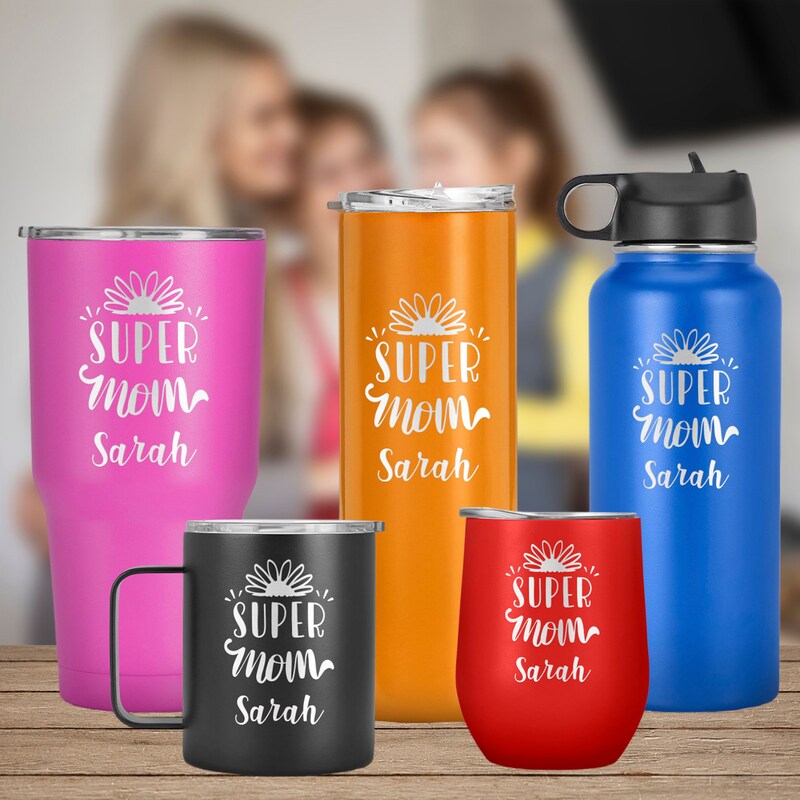 Super Mom Customized Name Beverage Tumbler, Flowers Design Cup, Mother’s Day, Gift for Mom